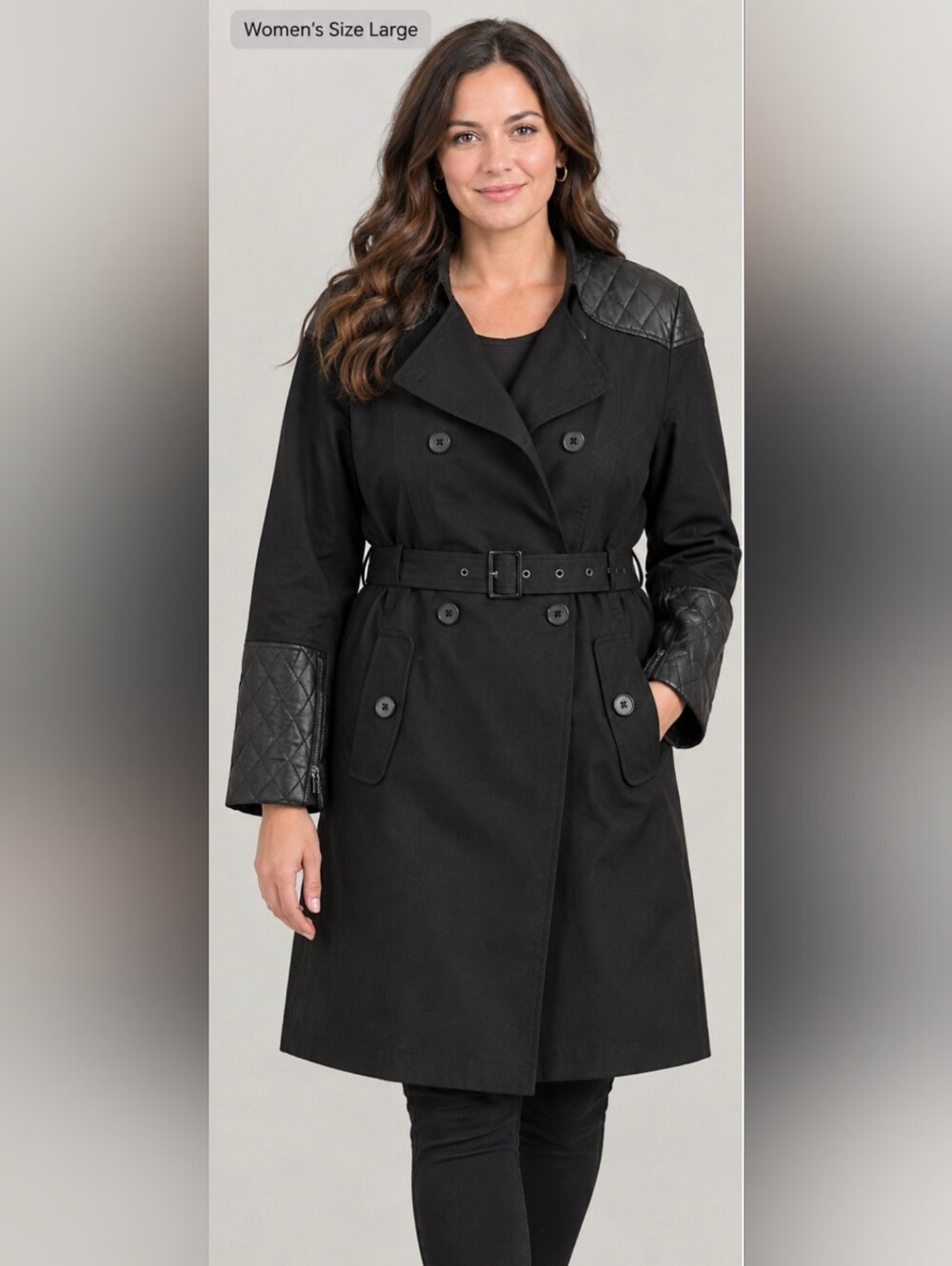 Women's Black Trench Coat with Quilted Leather Accents